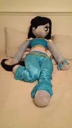 Size: 2988x5312 | Tagged: absurd resolution, anthro, anthro plushie, artist:bigsexyplush, artist:somethingaboutoctavia, bed, bedroom eyes, belly, belly button, belly dancer, clothes, costume, crossover, cute, derpibooru import, disney, doll, irl, midriff, octavia melody, outfit, photo, plushie, princess jasmine, saddle arabian, safe, solo, tavibetes, thunder thighs, toy, wide hips