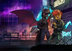 Size: 3000x2122 | Tagged: safe, artist:orphen-sirius, derpibooru import, oc, oc:qetesh, oc:tracy swift, unofficial characters only, anthro, bat pony, earth pony, belly button, berlin, city, clothes, cyberpunk, ef22, eurofurence, fangs, graffiti, hoof hands, jacket, jeans, leather jacket, necklace, neon, night, pants, sports bra