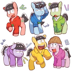 Size: 879x862 | Tagged: artist:jirousan, baseball, baseball bat, beanie, choromatsu, clothes, cutie mark, derpibooru import, double dubs, dubs, get, hat, hoodie, ichimatsu, index get, jyuushimatsu, karamatsu, mobile phone, money, osomatsu, osomatsu-san, phone, ponified, safe, sunglasses, sweater, todomatsu