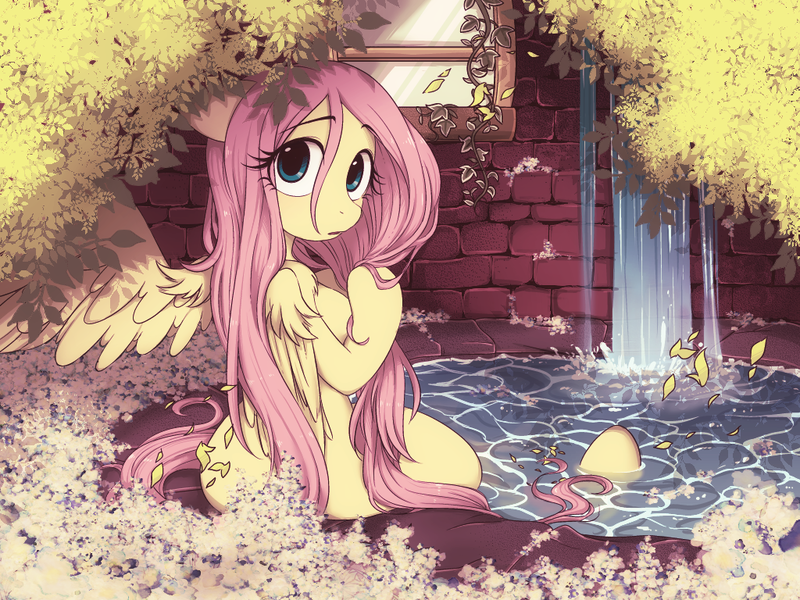 Size: 1024x768 | Tagged: anthro, artist:umeguru, cute, dead source, derpibooru import, female, floppy ears, flower, fluffy, fluttershy, frown, leaves, looking at you, looking back, looking back at you, looking over shoulder, mare, pegasus, safe, shoulder fluff, shyabetes, solo, spread wings, tree, unguligrade anthro, water, waterfall, wet, wet mane, window, wings