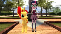 Size: 1360x768 | Tagged: safe, artist:mk513, derpibooru import, sci-twi, sunset shimmer, twilight sparkle, pony, unicorn, equestria girls, 3d, blushing, female, gmod, interspecies, lesbian, scitwishimmer, shipping, sunsetsparkle