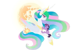 Size: 650x430 | Tagged: artist:dragonfruitdarigan, derpibooru import, filly, filly twilight sparkle, lineless, mare in the moon, momlestia, moon, princess celestia, prone, safe, smol, twilight sparkle