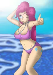 Size: 3110x4371 | Tagged: suggestive, artist:tyron91, derpibooru import, pinkie pie, human, absurd resolution, armpits, beach, belly button, bikini, breasts, busty pinkie pie, cleavage, clothes, cutie mark, cutie mark on human, female, humanized, looking at you, solo, solo female, swimsuit, thumbs up, tongue out, wink
