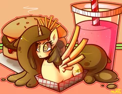 Size: 1024x791 | Tagged: artist:mimtii, badumsquish approved, burger, dead source, derpibooru import, deviantart watermark, food, food pony, hamburger, obtrusive watermark, oc, oc:princess poutine, original species, poutine, safe, solo, unofficial characters only, watermark