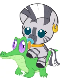 Size: 786x1017 | Tagged: safe, artist:red4567, derpibooru import, gummy, zecora, pony, zebra, baby, baby pony, baby zebra, cute, pacifier, ponies riding gators, riding, weapons-grade cute, zecorable