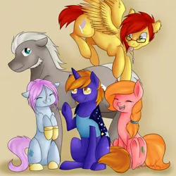 Size: 1280x1280 | Tagged: safe, artist:wavemasterkaz, derpibooru import, oc, oc:ellison pippin, oc:star bright, unofficial characters only, earth pony, pegasus, pony, unicorn, boots, cape, clothes, flying, group shot, necklace, shirt, smiling, waving