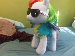 Size: 1024x765 | Tagged: artist:goofermutt, build-a-bear, derpibooru import, irl, photo, plushie, rainbow dash, safe, sunglasses, wonderbolts academy, wonderbolt trainee uniform