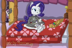 Size: 3504x2379 | Tagged: anthro, artist:horrormage, barefoot, bed, clothes, derpibooru import, feet, laughing, nail polish, one eye closed, plantigrade anthro, rarity, safe, soles, sweetie belle, tickling, toes