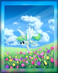 Size: 4882x6121 | Tagged: safe, artist:ratiasuq, derpibooru import, oc, unofficial characters only, pegasus, pony, absurd resolution, cloud, colourful, flower, flower field, flower in hair, flower in tail, flying, sky, solo, spread wings, spring, wings