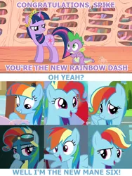 Size: 600x800 | Tagged: safe, derpibooru import, edit, edited screencap, screencap, applejack, fluttershy, pinkie pie, rainbow dash, rarity, spike, twilight sparkle, dragon, pegasus, pony, unicorn, newbie dash, the lost treasure of griffonstone, the return of harmony, alternate mane six, behaving like applejack, behaving like fluttershy, behaving like pinkie pie, behaving like rarity, behaving like twilight sparkle, big crown thingy, care mare, dynamic dash, element of harmony, element of loyalty, element of magic, forthright filly, golden oaks library, image macro, mane six, mane swap, meme, new rainbow dash, rainbow fash, unicorn twilight, wonderbolts uniform