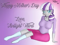 Size: 4000x3000 | Tagged: safe, artist:thealjavis, derpibooru import, twilight velvet, equestria girls, absurd resolution, breasts, busty twilight velvet, clothes, equestria girls-ified, female, looking at you, mother's day, signature, sitting, skirt, socks, solo