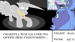 Size: 1884x1060 | Tagged: safe, artist:keychains, derpibooru import, edit, edited screencap, screencap, princess celestia, princess luna, alicorn, pony, female, mare, mlp rewind art challenge, s1 luna, text