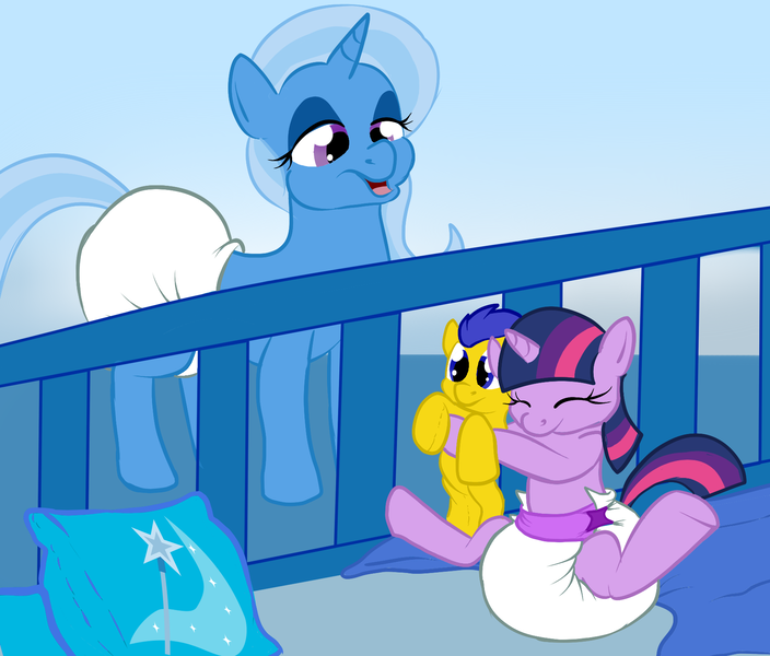 Size: 1742x1484 | Tagged: questionable, artist:pidgopidgey, derpibooru import, flash sentry, trixie, twilight sparkle, pony, unicorn, age regression, crib, crinkle pony the copyright infringement update, diaper, diaper fetish, female, filly, filly twilight sparkle, flash plushie, flashlight, male, mare, plushie, poofy diaper, shipping, straight, super crinkle pony adventure 64