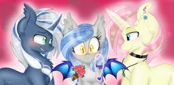 Size: 1280x627 | Tagged: safe, artist:silent-shadow-wolf, derpibooru import, oc, oc:coastal frost, oc:midnight radiance, oc:neapolitan blitz, unofficial characters only, bouquet, necklace