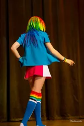 Size: 682x1024 | Tagged: safe, artist:lunatica, derpibooru import, rainbow dash, human, equestria girls, clothes, cosplay, costume, irl, irl human, panties, panty shot, photo, ponyradiocon, skirt, underwear, upskirt