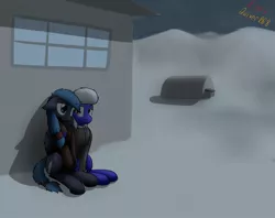 Size: 1280x1014 | Tagged: safe, artist:the-furry-railfan, derpibooru import, oc, oc:night strike, oc:static charge, unofficial characters only, earth pony, pegasus, pony, fallout equestria, fallout equestria: empty quiver, building, clothes, couple, hangar, jacket, night, outdoors, snow, story