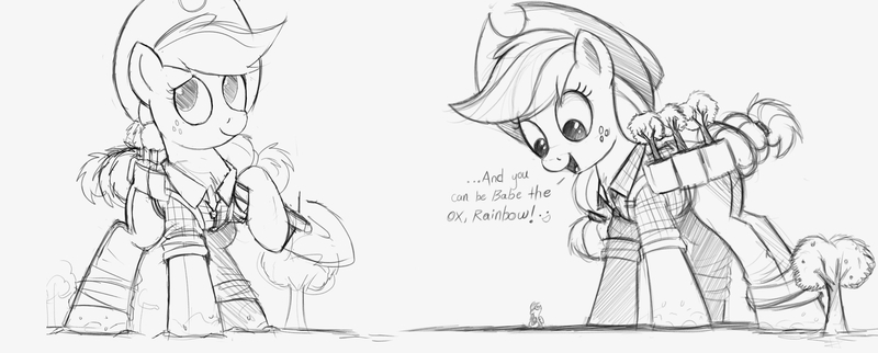 Size: 4000x1610 | Tagged: safe, artist:ncmares, derpibooru import, applejack, rainbow dash, pony, applejack bunyan, clothes, dialogue, giant pony, giantess, macro, monochrome, open mouth, paul bunyan, size difference, sketch, smiling, smoldash, wip