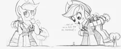 Size: 4000x1610 | Tagged: safe, artist:ncmares, derpibooru import, applejack, rainbow dash, pony, applejack bunyan, clothes, dialogue, giant pony, giantess, macro, monochrome, open mouth, paul bunyan, size difference, sketch, smiling, smoldash, wip