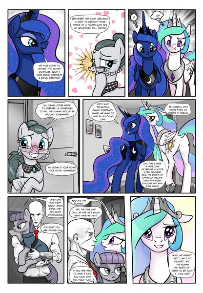 Size: 1331x1920 | Tagged: safe, artist:pencils, derpibooru import, cloudy quartz, maud pie, princess celestia, princess luna, oc, oc:anon, alicorn, earth pony, human, pony, comic:anon's pie adventure, adoraquartz, anon ride, blushing, bracer, clothes, comic, crown, cute, cutelestia, dock, dress, eyeshadow, female, glasses, hair bun, holding a pony, horseshoes, human male, jewelry, lunabetes, makeup, male, mare, maudabetes, moonbutt, necklace, necktie, nose wrinkle, pants, praise the moon, praise the sun, regalia, royal sisters, shirt, smiling, sunbutt, varying degrees of want, when she smiles