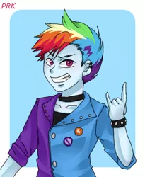 Size: 450x550 | Tagged: safe, artist:prk, derpibooru import, rainbow dash, equestria girls, friendship through the ages, rainbow rocks, bishonen, blitzabetes, clothes, cute, devil horn (gesture), equestria guys, glam, glam metal, humanized, looking at you, male, metal horns, pixiv, punk, rainbow blitz, rule 63, rule63betes, signature, smiling, smiling at you, solo, teenager