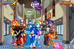 Size: 900x600 | Tagged: safe, artist:trungtranhaitrung, derpibooru import, rainbow dash, sci-twi, sunset shimmer, twilight sparkle, equestria girls, anniversary, axl, canterlot high, capcom, crossover, hasbro, logo, megaman, megaman x, sega, shadow the hedgehog, sonic boom, sonic the hedgehog, sonic the hedgehog (series), sticks the badger, zero