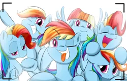 Size: 1700x1080 | Tagged: safe, artist:phuocthiencreation, derpibooru import, rainbow dash, pegasus, pony, newbie dash, behaving like pinkie pie, care mare, chest fluff, cute, dashabetes, dashstorm, dynamic dash, eyes closed, female, floppy ears, forthright filly, grin, haystick, impersonating, looking at you, manebow sparkle, mare, multeity, one eye closed, open mouth, rainbow fash, raised hoof, reading rainboom, signature, simple background, smiling, solo, spread wings, tongue out, viewfinder, white background, wings, wink