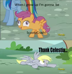 Size: 934x960 | Tagged: safe, derpibooru import, edit, edited screencap, screencap, derpy hooves, scootaloo, pegasus, pony, newbie dash, no second prances, derp, discovery family logo, exploitable meme, female, i didn't listen, image macro, mare, meme