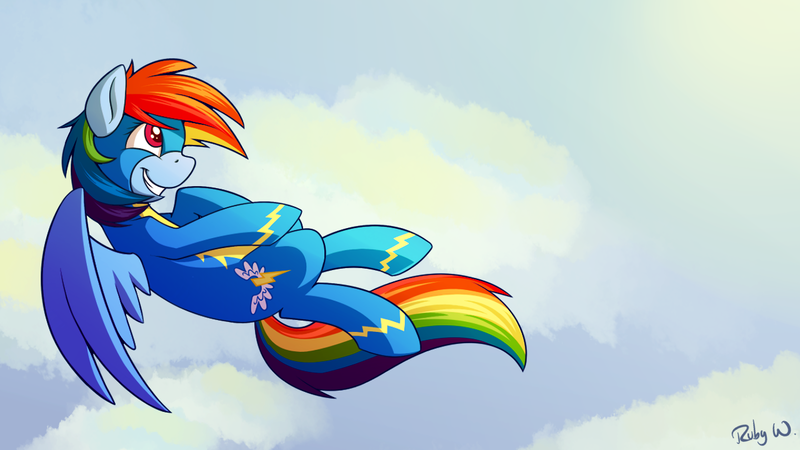 Size: 1280x720 | Tagged: safe, artist:rubywave32, derpibooru import, rainbow dash, newbie dash, flying, solo, wonderbolts uniform