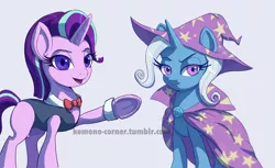 Size: 1078x659 | Tagged: dead source, safe, artist:raikoh, derpibooru import, starlight glimmer, trixie, pony, unicorn, no second prances, female, leotard, lesbian, magician outfit, mare, shipping, startrix