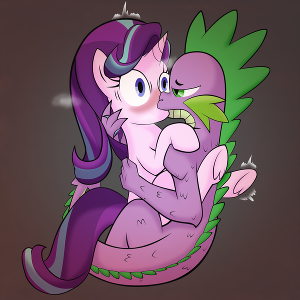 Size: 2560x2560 | Tagged: suggestive, artist:lockerobster, derpibooru import, edit, spike, starlight glimmer, dragon, pony, adult spike, blushing, colored, dragon on pony action, female, interspecies, kissing, male, older, older spike, shipping, sparlight, steamy, straight, underhoof