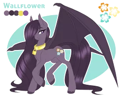 Size: 1190x950 | Tagged: safe, artist:peridotkitty, derpibooru import, oc, oc:wallflower, unofficial characters only, bat pony, pony, collar, hair over one eye, large wings, long hair, long mane, long tail, padlock, padlocked collar, reference sheet, solo, spread wings, unshorn fetlocks