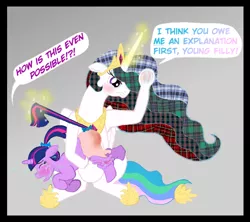 Size: 846x752 | Tagged: suggestive, artist:thebuckneighkid, derpibooru import, princess celestia, twilight sparkle, alicorn, pony, unicorn, abuse, bow, crying, female, females only, image, plaid mane, png, ponytail, spanked, spanking, tail, tail bow, tail pull, teenager, wat