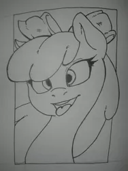 Size: 540x720 | Tagged: safe, artist:atane27, derpibooru import, apple bloom, bust, inktober, monochrome, portrait, solo, tongue out