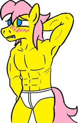 Size: 365x579 | Tagged: anthro, armpits, artist:jargon scott, bare chest, blushing, briefs, butterscotch, clothes, colored, color edit, derpibooru import, edit, fluttershy, male, muscles, rule 63, solo, solo male, suggestive, topless, underwear, underwear edit