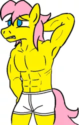 Size: 365x579 | Tagged: anthro, armpits, artist:jargon scott, bare chest, boxers, butterscotch, clothes, colored, color edit, derpibooru import, edit, fluttershy, male, muscles, rule 63, solo, solo male, suggestive, topless, underwear, underwear edit