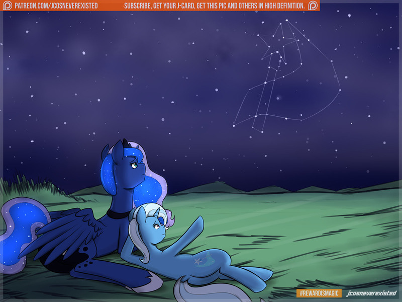 Size: 1600x1200 | Tagged: safe, artist:jcosneverexisted, derpibooru import, princess luna, trixie, pony, unicorn, constellation, duo, female, mare, patreon, patreon logo, prone, stars