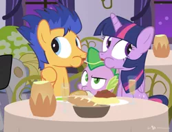 Size: 900x690 | Tagged: safe, artist:dm29, derpibooru import, flash sentry, spike, twilight sparkle, twilight sparkle (alicorn), alicorn, pony, commission, female, flashlight, food, lady and the tramp, male, mare, pasta, restaurant, shipping, spaghetti, spaghetti scene, straight, third wheel, trio