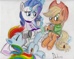 Size: 3204x2550 | Tagged: applejack, artist:deihiru, derpibooru import, drink, drinking, rainbow dash, rarity, safe, sharing a drink, traditional art