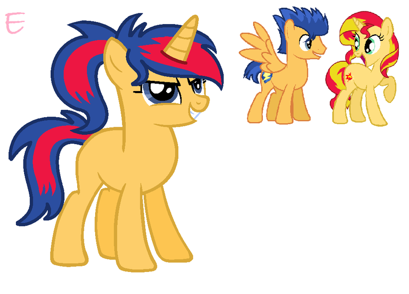 Size: 1002x720 | Tagged: safe, artist:estefania200, derpibooru import, flash sentry, sunset shimmer, oc, unnamed oc, pony, female, flashimmer, male, offspring, parent:flash sentry, parent:sunset shimmer, parents:flashimmer, shipping, straight