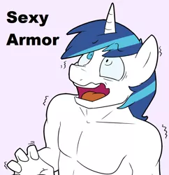 Size: 682x705 | Tagged: anthro, artist:strangerdanger, bare chest, cropped, derpibooru import, edit, male, nudity, sexy armor, shining armor, solo, solo male, suggestive