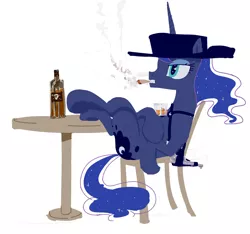 Size: 1247x1166 | Tagged: alcohol, artist:silfidum, cigar, cowboy hat, derpibooru import, gun, hat, hooves on the table, princess luna, revolver, safe, sketch, smoking, solo, western