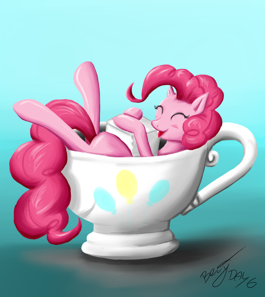 Size: 1000x1122 | Tagged: safe, artist:benjik, derpibooru import, pinkie pie, earth pony, pony, blushing, cup, cup of pony, cute, eyes closed, female, food, gradient background, happy, mare, micro, smiling, solo, sugar (food), sugarcube, teacup, tiny, tongue out