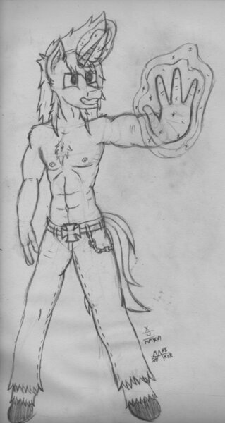 Size: 651x1226 | Tagged: safe, artist:mane-shaker, derpibooru import, anthro, unguligrade anthro, unicorn, abs, bare chest, chest fluff, clothes, monochrome, solo, topless, traditional art, unshorn fetlocks