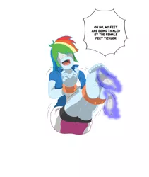 Size: 1600x1900 | Tagged: suggestive, artist:blondeuchiha, derpibooru import, rainbow dash, equestria girls, blindfold, bondage, dialogue, feet, female, foot fetish, hentai quotes, porn dialogue, rainbond dash, rope, simple background, solo, solo female, tickle torture, tickling, tied up, white background