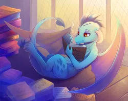 Size: 2000x1572 | Tagged: artist:viwrastupr, book, cute, derpibooru import, dragon, emberbetes, female, how to train your dragon, princess ember, reading, safe, smiling, solo