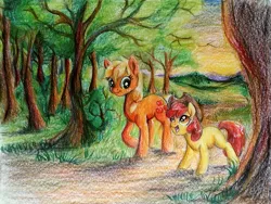 Size: 1067x804 | Tagged: safe, artist:buttersprinkle, derpibooru import, apple bloom, applejack, earth pony, pony, accessory swap, cute, forest, hat, hatless, looking up, missing accessory, open mouth, raised hoof, scenery, smiling, sunset, traditional art