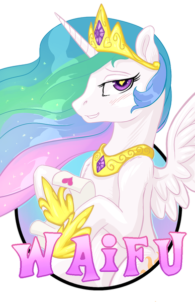 Size: 825x1275 | Tagged: safe, artist:hobbes-maxwell, derpibooru import, princess celestia, alicorn, pony, female, heart eyes, jewelry, looking at you, mare, regalia, solo, waifu, waifu badge, wingding eyes