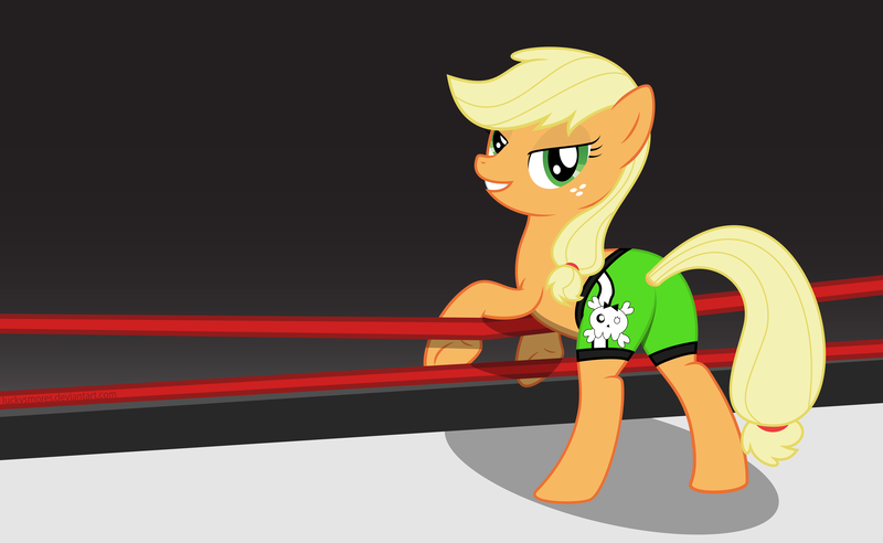 Size: 3000x1845 | Tagged: aj lee, applejack, artist:luckysmores, bedroom eyes, derpibooru import, safe, solo, trunks, wrestling, wrestling ring, wwe