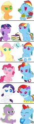 Size: 1000x3640 | Tagged: safe, artist:red4567, derpibooru import, applejack, fluttershy, pinkie pie, rainbow dash, rarity, spike, twilight sparkle, butterfly, pony, newbie dash, alternate hairstyle, apple, babity, baby, baby dash, baby dragon, baby pie, baby pony, baby spike, babyjack, babylight sparkle, babyshy, behaving like pinkie pie, book, care mare, comic, cute, dashabetes, diapinkes, dynamic dash, egghead dash, foal, food, forthright filly, gem, impersonating, impressions, mane seven, mane six, manebow sparkle, party cannon, rainbow dash always dresses in style, rainbow fash, raribetes, reading rainboom, red4567 is trying to murder us, shyabetes, spikabetes, style, twiabetes, weapons-grade cute