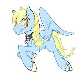 Size: 5000x5000 | Tagged: safe, artist:kilo, derpibooru import, oc, oc:windswept skies, unofficial characters only, pegasus, pony, absurd resolution, braid, collar, flying, looking back, male, simple background, smiling, solo, stallion, unshorn fetlocks, white background